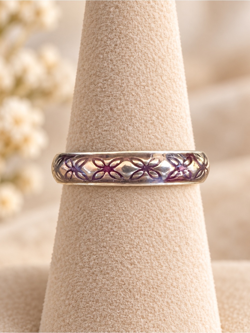 Vintage Pandora Purple Enamel Floral 925 Sterling Silver Ring Stacker EUC 7 #713